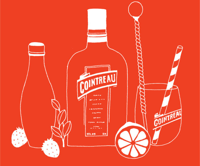 Illustration for Cointreau Spain: bottle and glasses