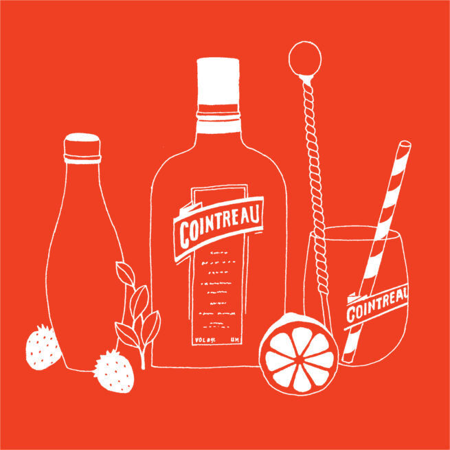 Illustration for Cointreau Spain: bottle and glasses