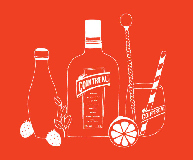 Illustration for Cointreau Spain: bottle and glasses