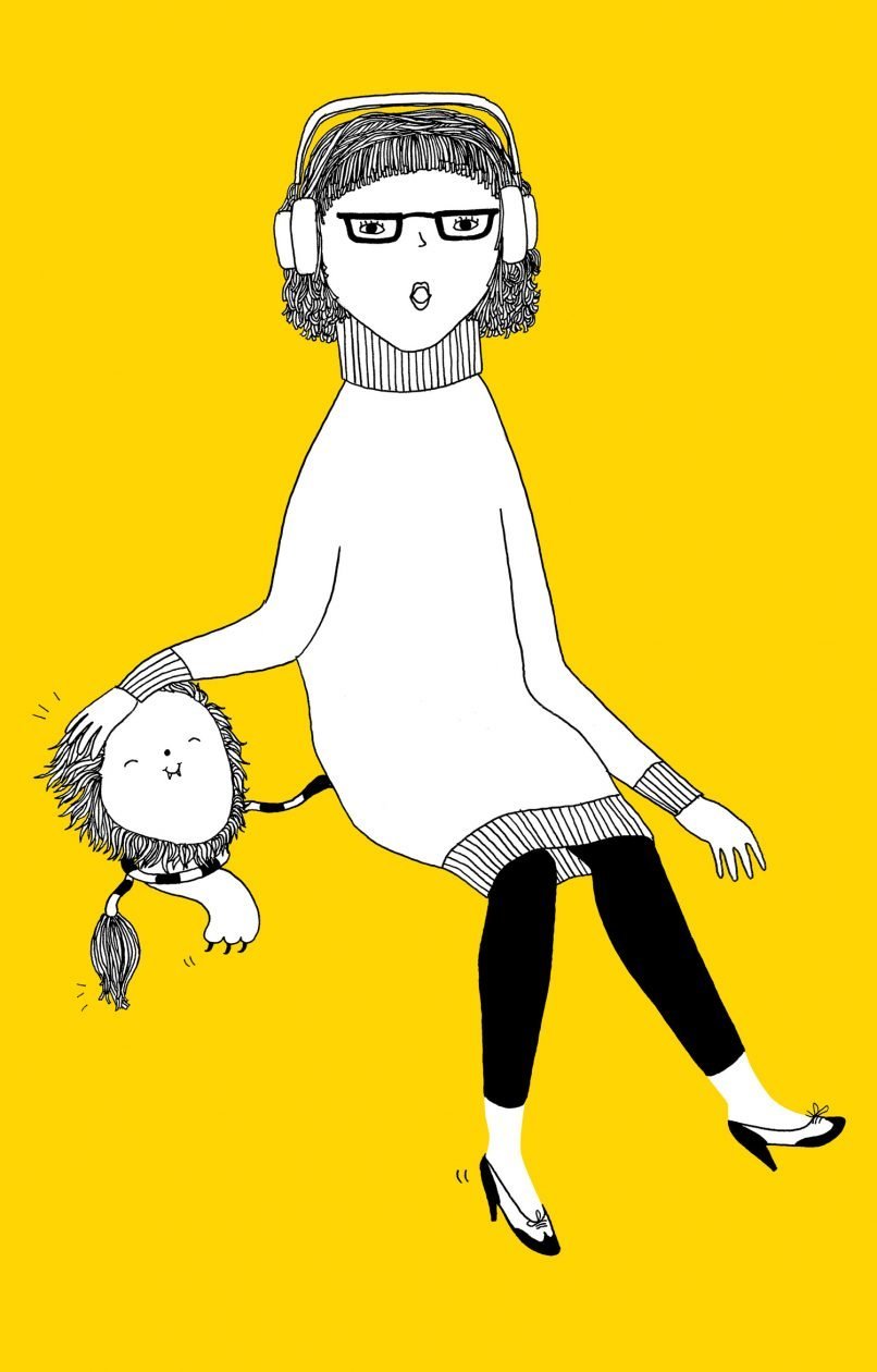 Savanna cider character illustration, girl stroking her cub pet