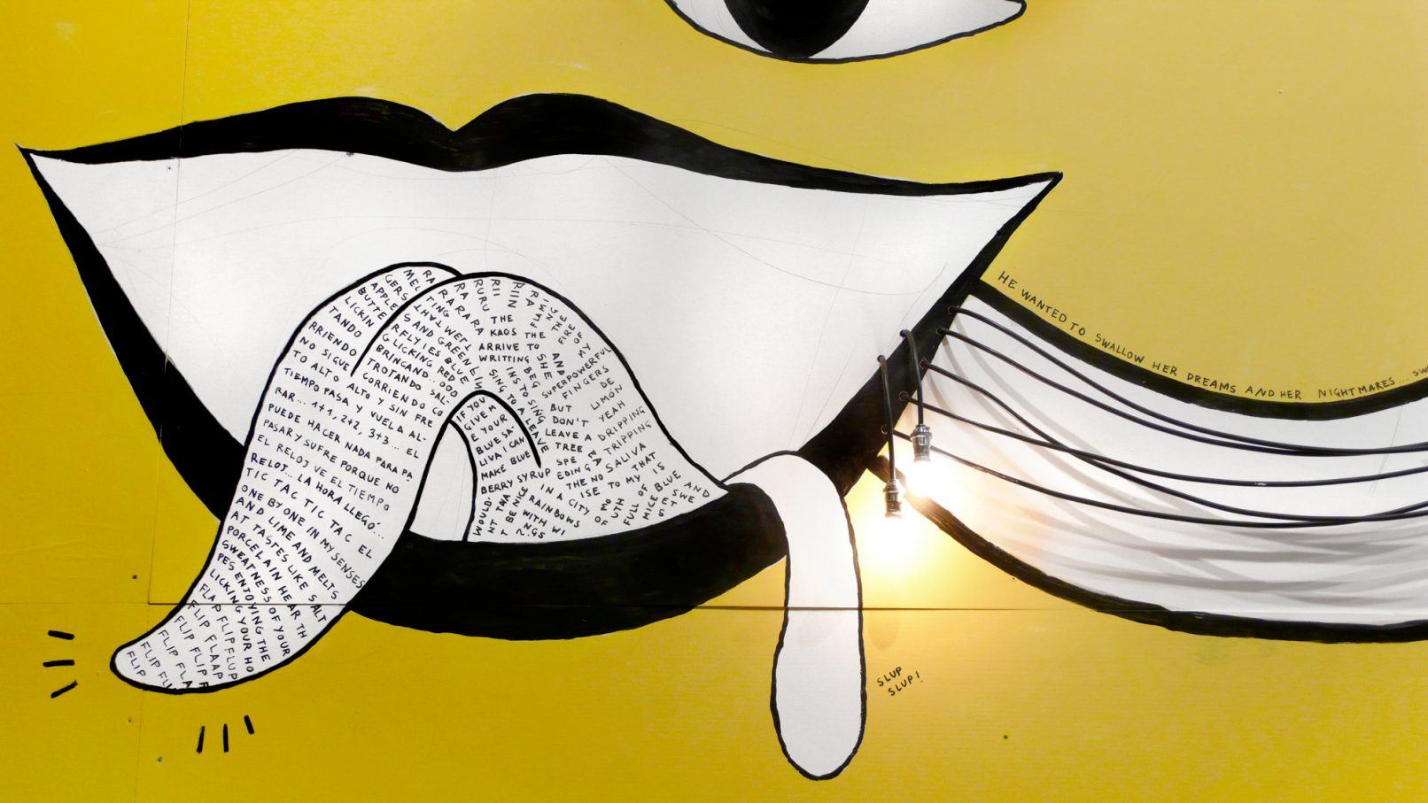 Tongue detail from Eating Stories, 12 x 6 m art installation, Shunt Vaults, London