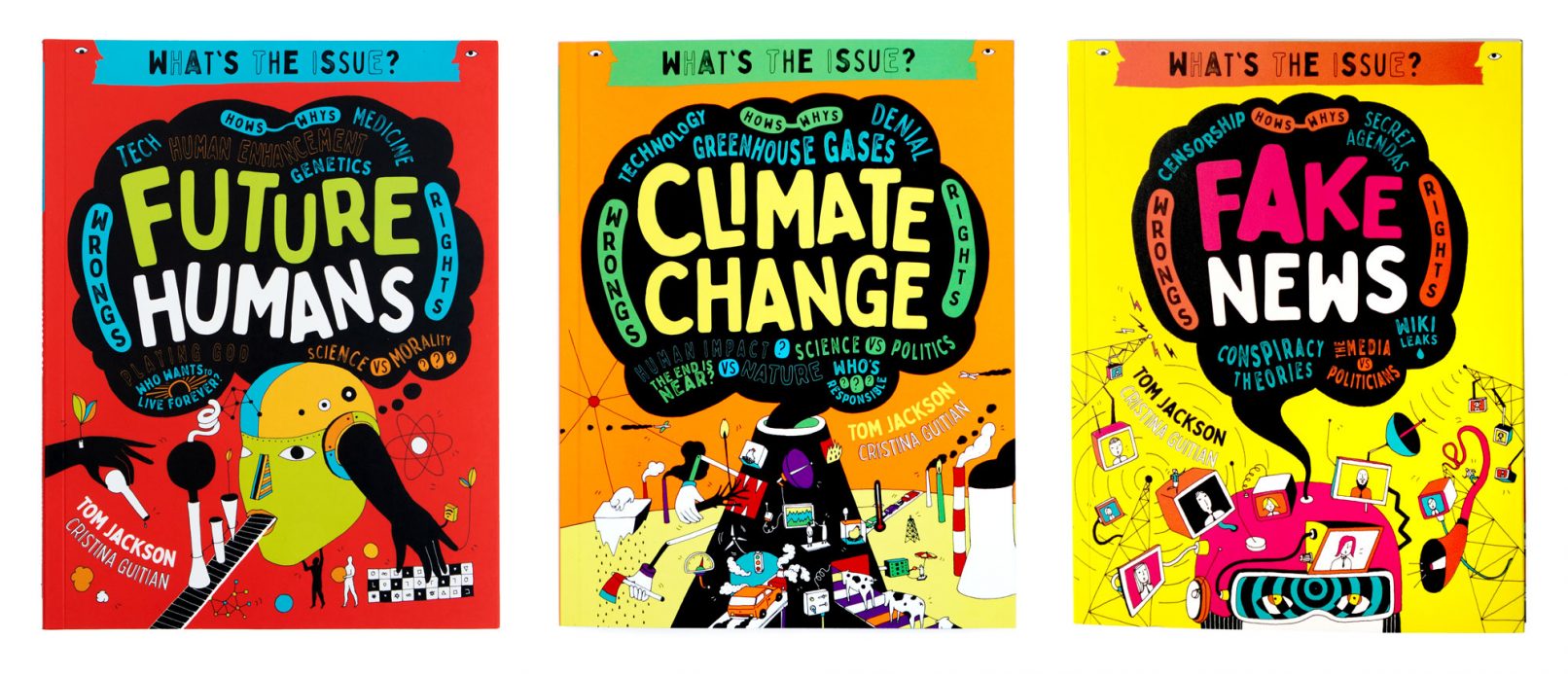 Future Humans, Climate Change, Fake news book covers