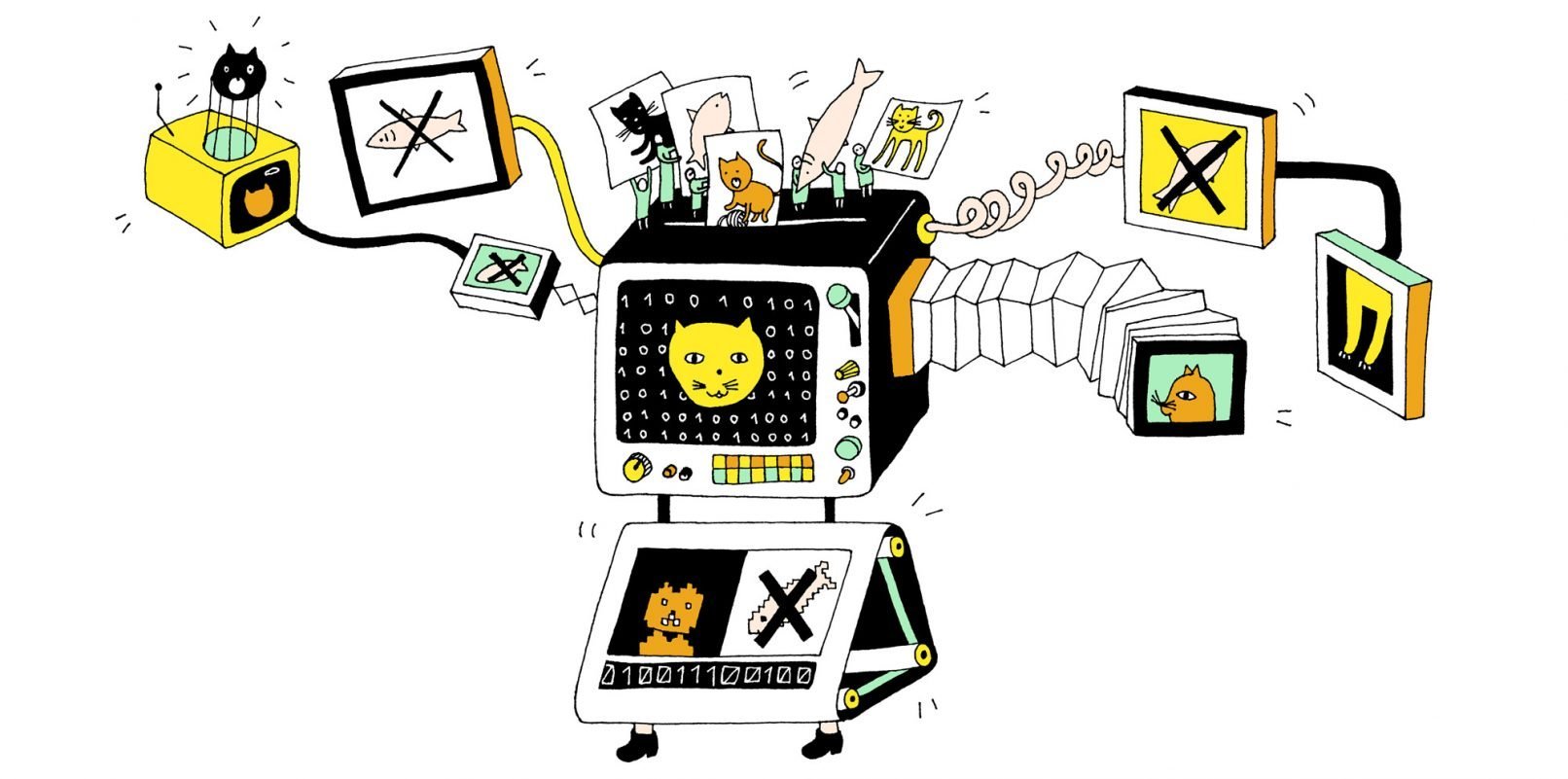 Fake news book illustration representing a machine to explain social media algorithms