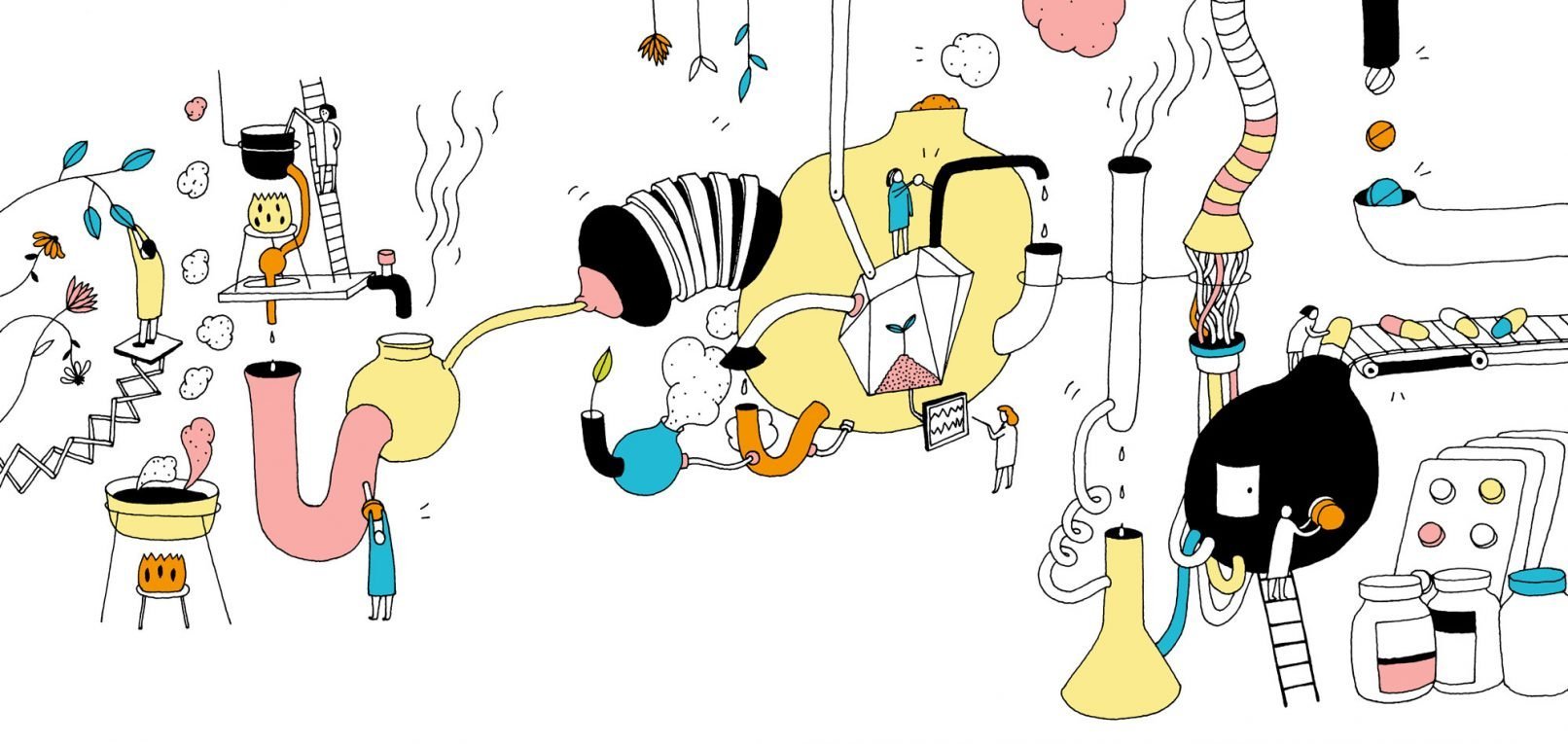 Future Humans book illustration of a laboratory machine creating medicines