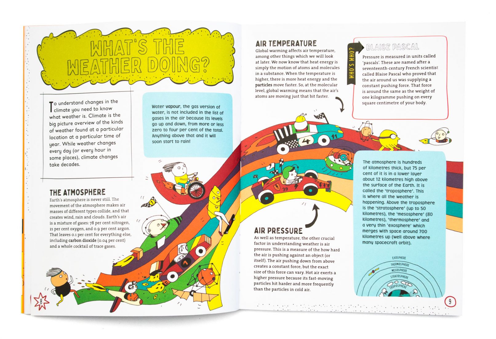 Climate Change double spread, showing an illustration of a car race to explain fast moving particles