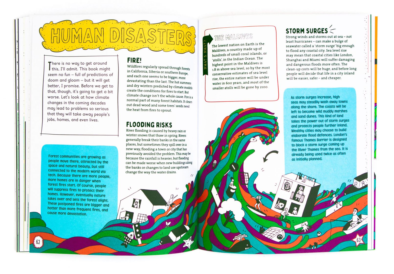 Climate Change book, double spread illustration of a tsunami