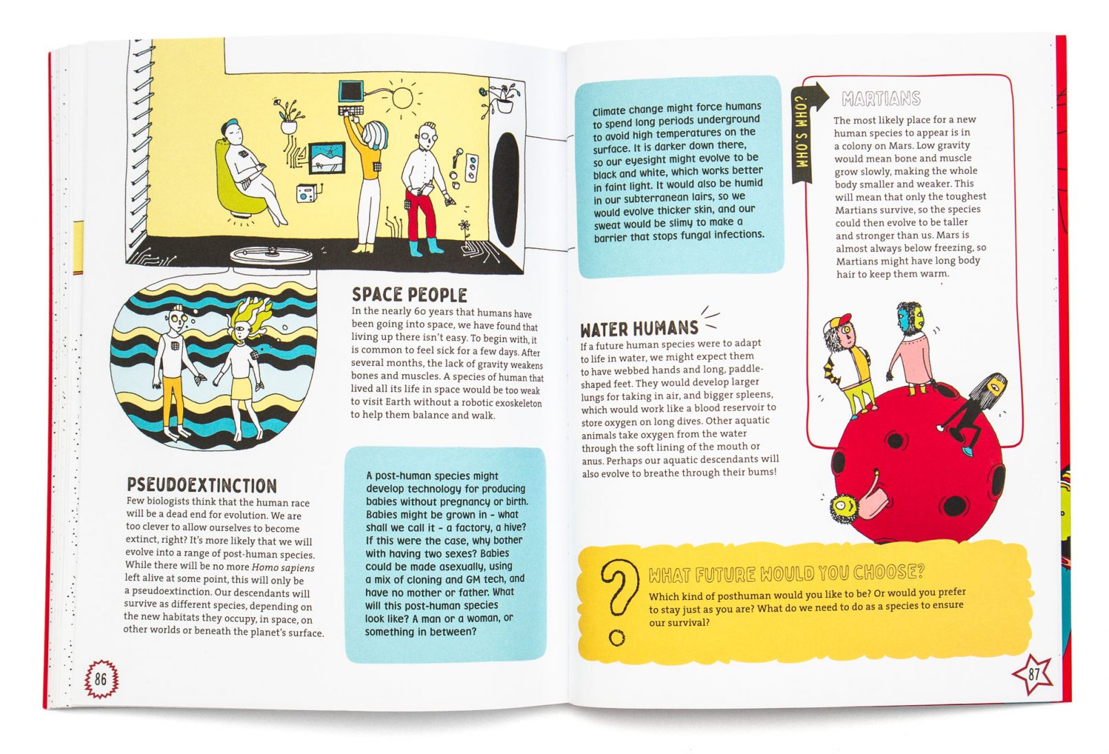 Future Humans double spread page showing illustrations of possible life in other planets