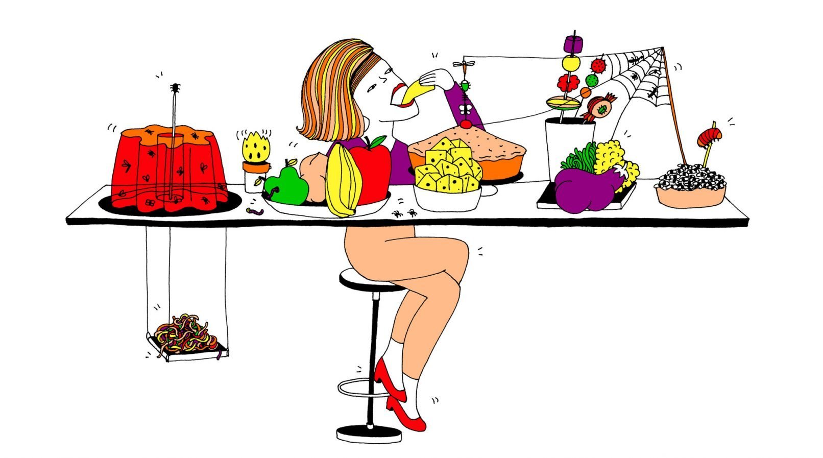 Future Humans book illustration of a woman eating a feast of how the food might be in the future (including insects and genetically modified items)