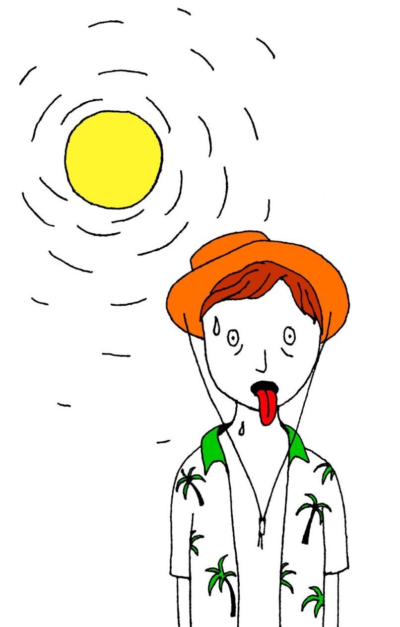 Climate Change book illustration of a dehydrated man under the sun