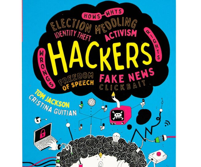 Hackers book cover - with title and illustration of a head with glasses and hacking devices