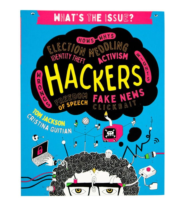 Hackers book cover - with title and illustration of a head with glasses and hacking devices