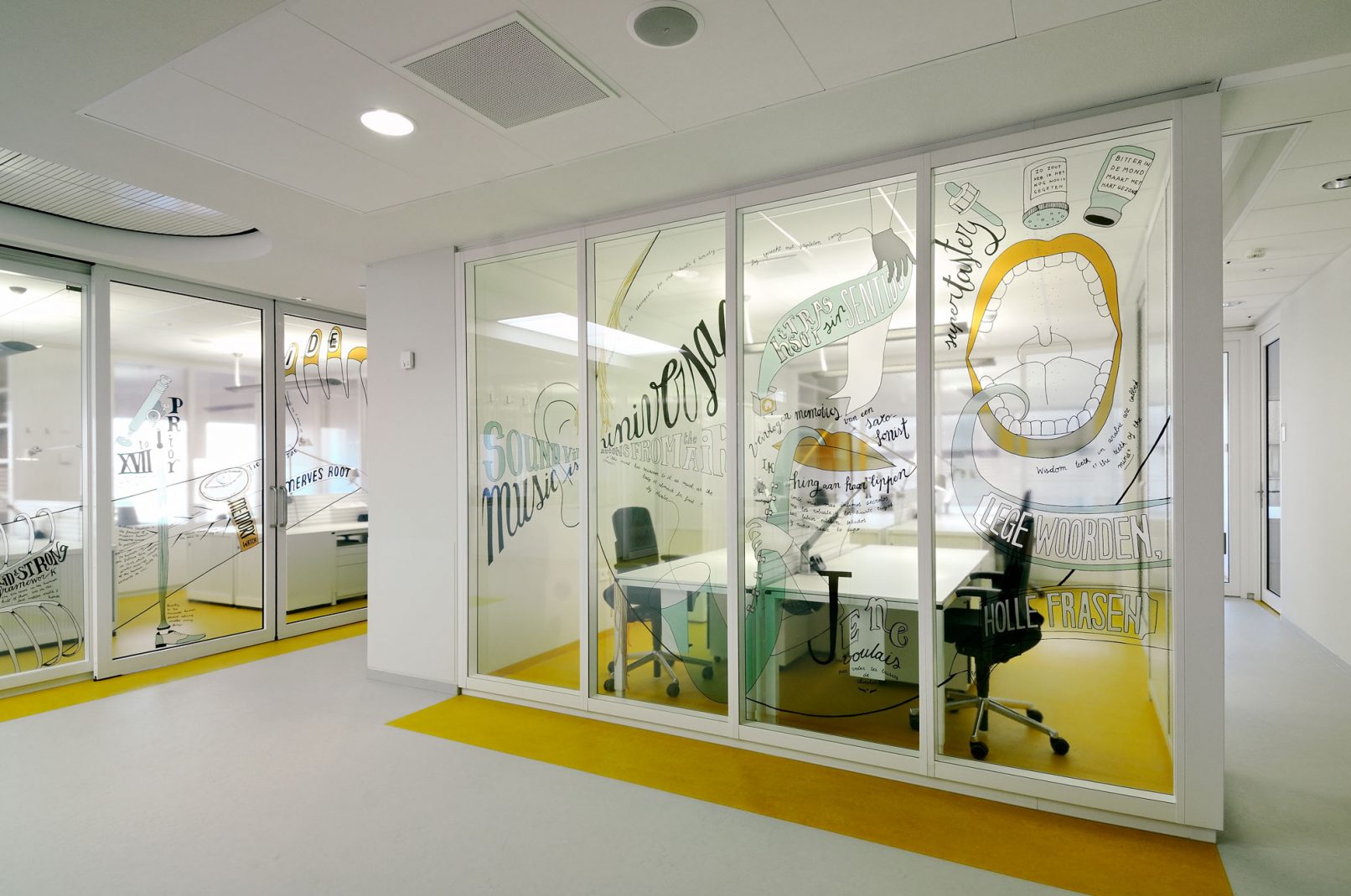 Amsterdam AMC Hospital - 38 m long mural on the miracle of life - corridor view of the senses