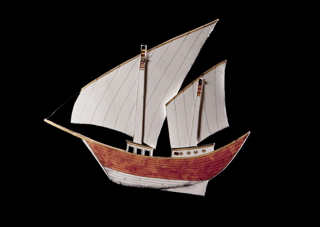 Bespoke paper mobile of a ship for the Victoria Revealed exhibition at Kensington Palace