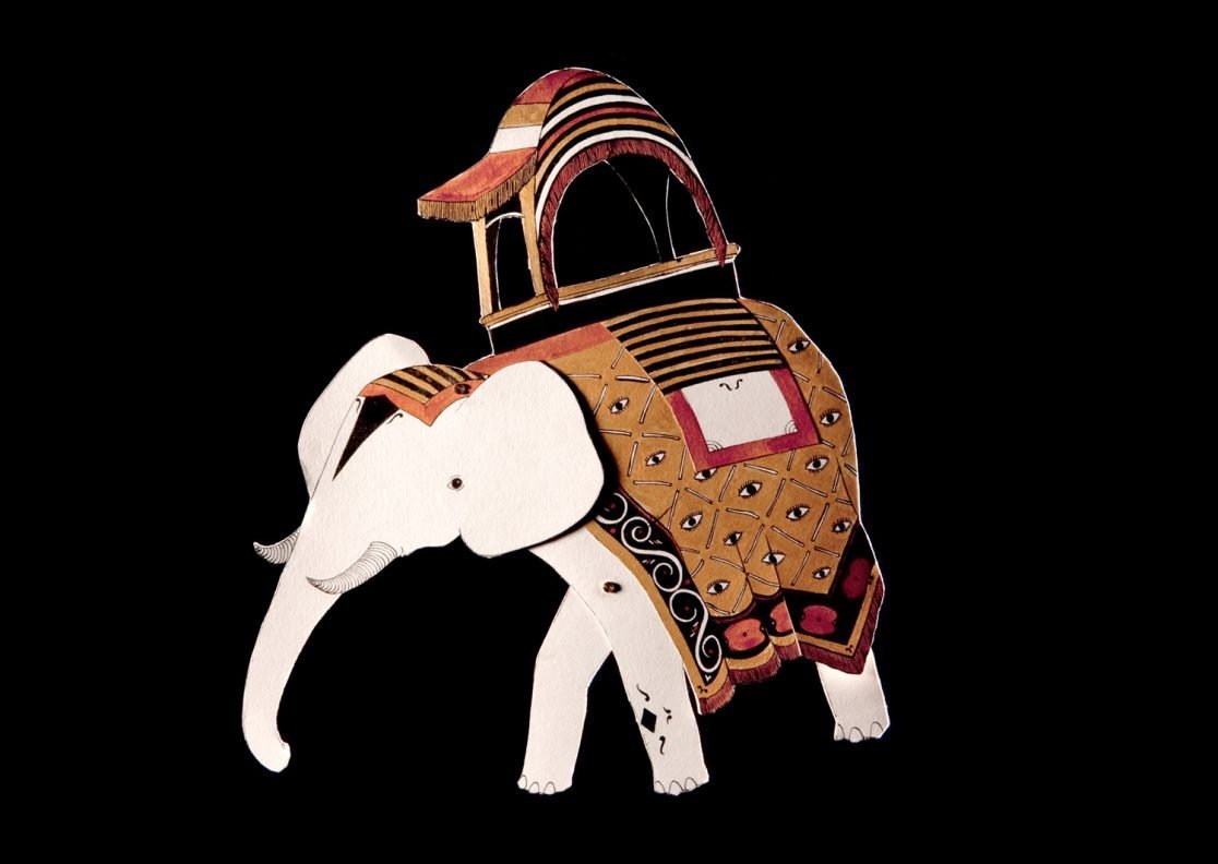 Bespoke paper mobile of an elephant for the Victoria Revealed exhibition at Kensington Palace