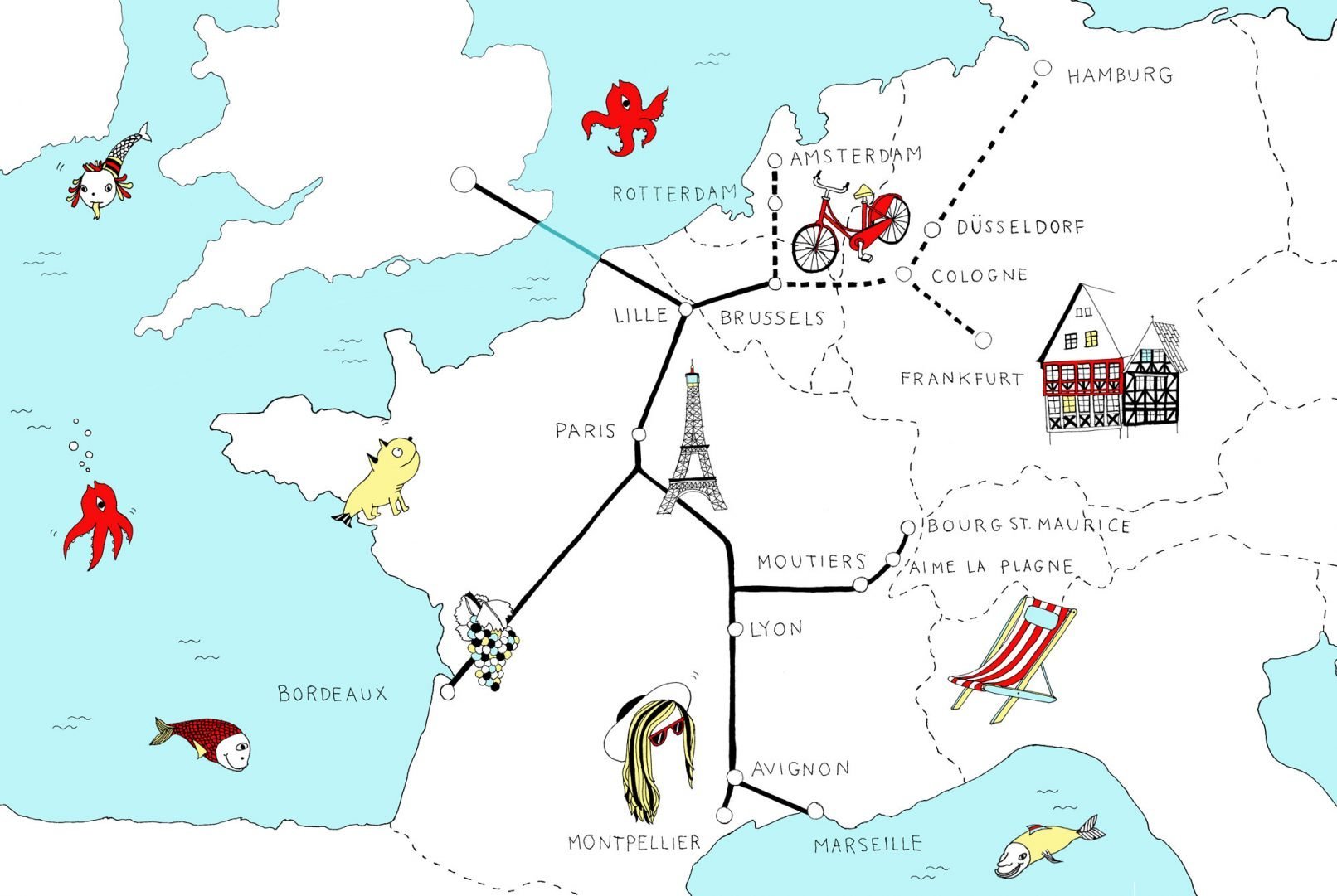 Europe train map illustrated for the new Google London HQ motion graphics