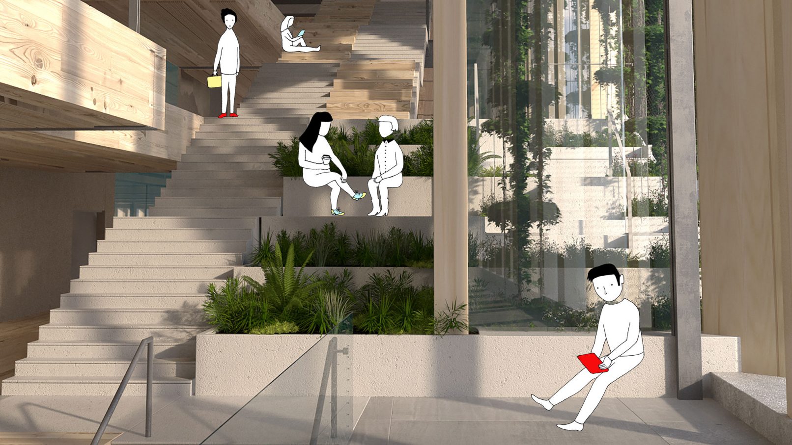 Characters designed for the new Google London HQ motion graphics - illustrated characters inside their new office building