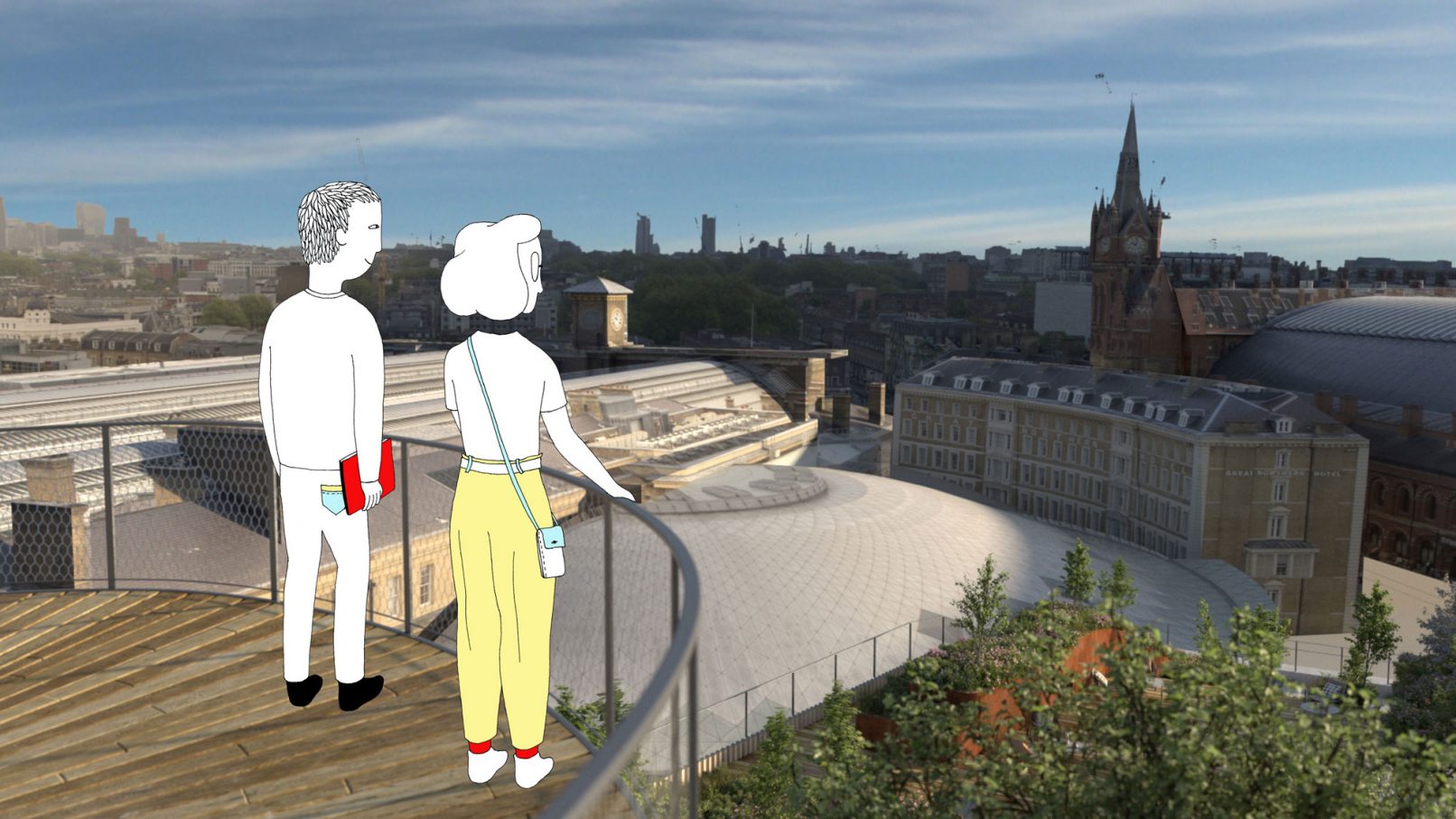 Characters designed for the new Google London HQ motion graphics - a couple looking at the Kings Cross views