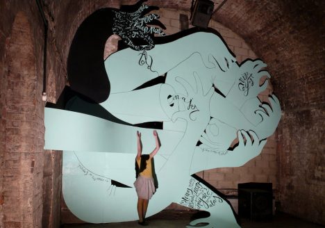 Knotted Arms with the artist, a 11.50 x 5 m installation created in the massive Shunt Vaults