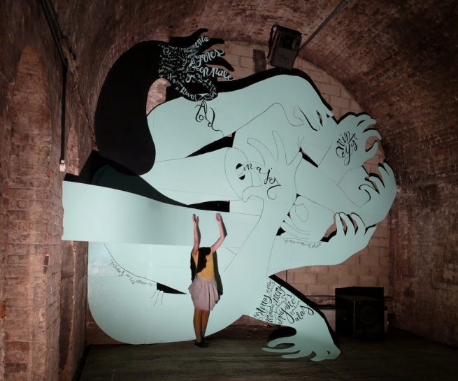 Knotted Arms with the artist, a 11.50 x 5 m installation created in the massive Shunt Vaults