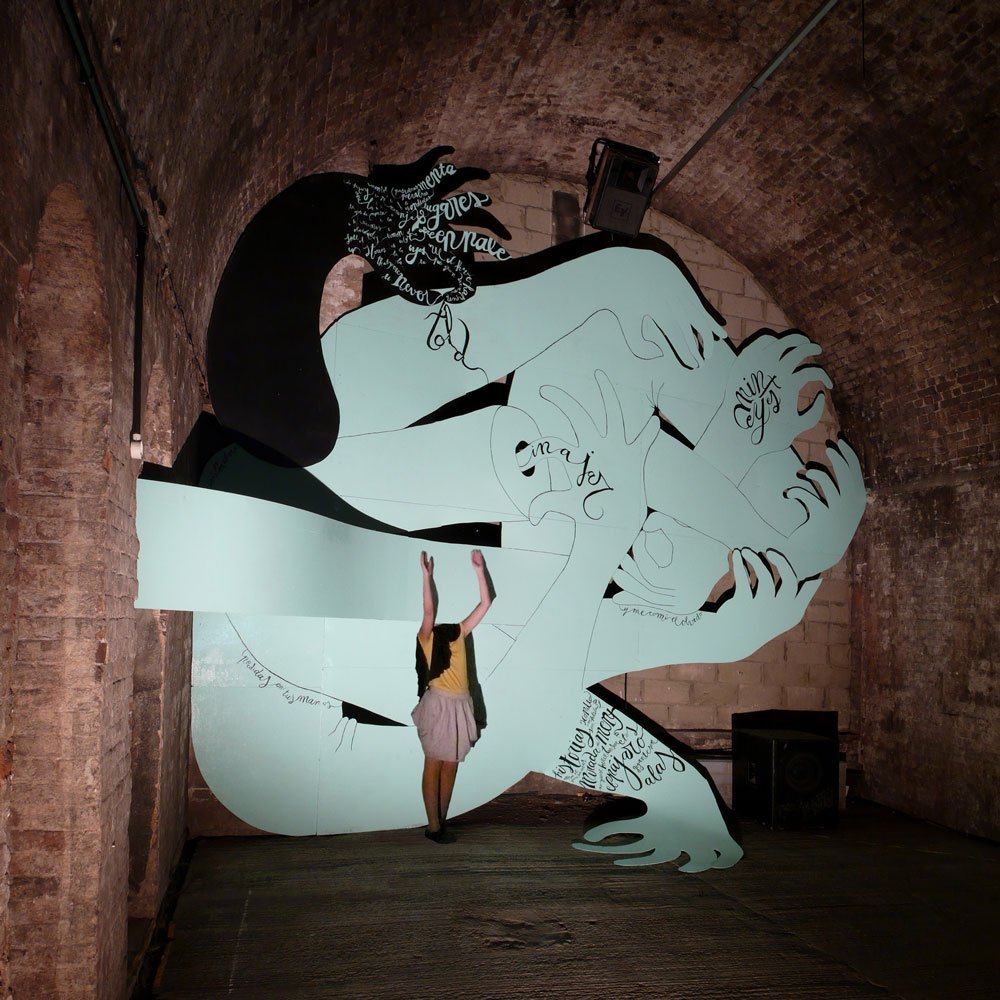 Knotted Arms with the artist, a 11.50 x 5 m installation created in the massive Shunt Vaults