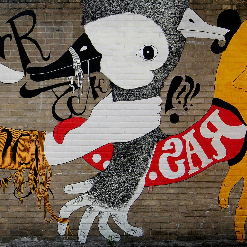 Paper Dreams, detail of hairy duck. 8.40 x 3.20 m wall painted in Abbot St in 2009