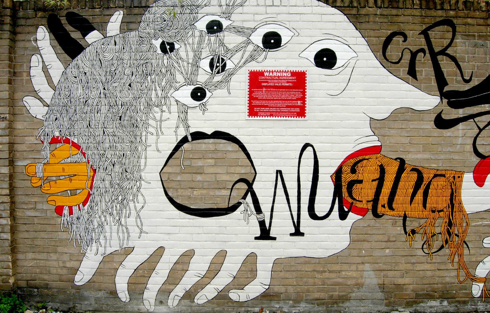 Paper Dreams, detail of the head with multiple eyes and 3 mouths. Wall painted in Abbot St in 2009