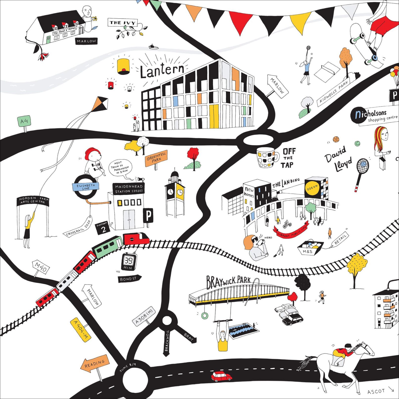 Illustrated Maidenhead map, 2.50 x 5 m vinyl mural - close up