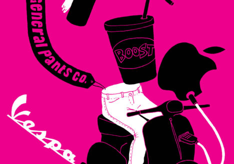 illustration incluing ted bull, Vespa and other logos