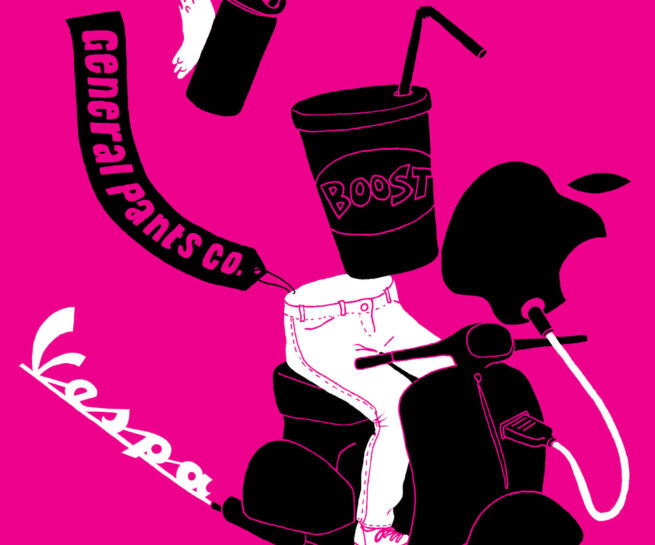 illustration incluing ted bull, Vespa and other logos