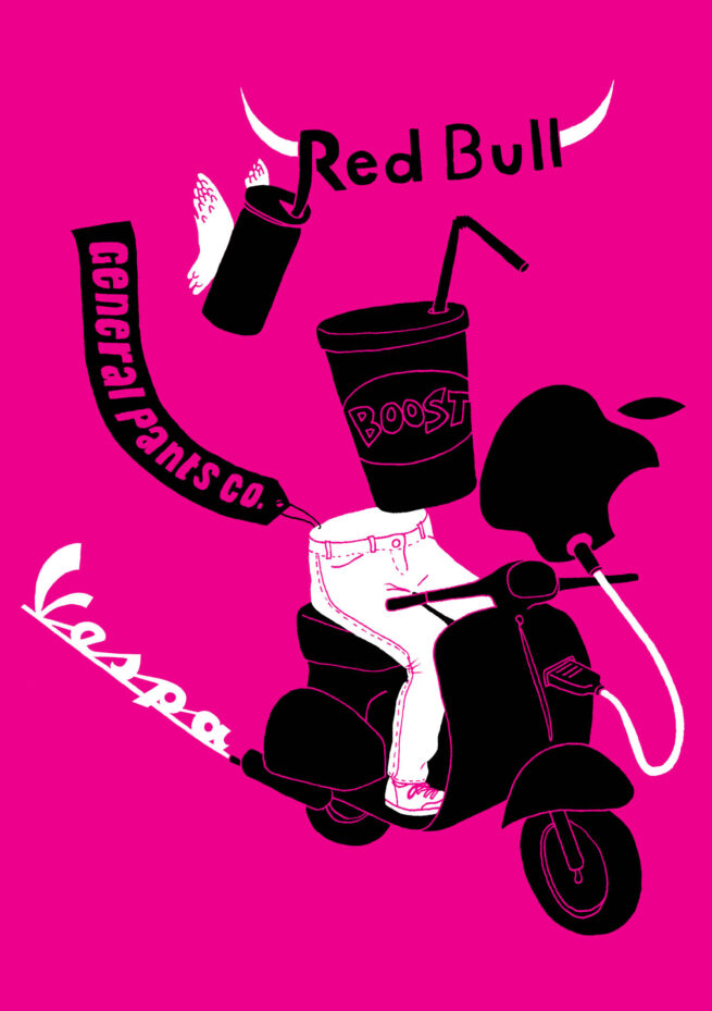 illustration incluing ted bull, Vespa and other logos