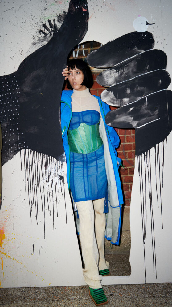 Mascarada, big scale painting, hand detail with model, Juliet Casella, 4 x 21 m, Vyner Street